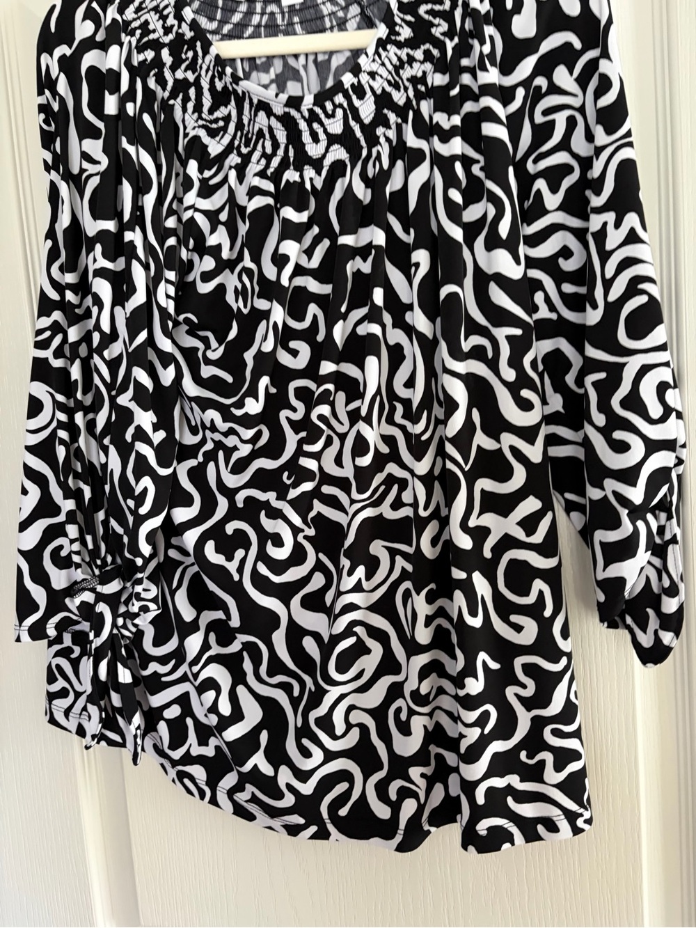 Susan Graver Black & White Abstract Smocked Neck Tunic